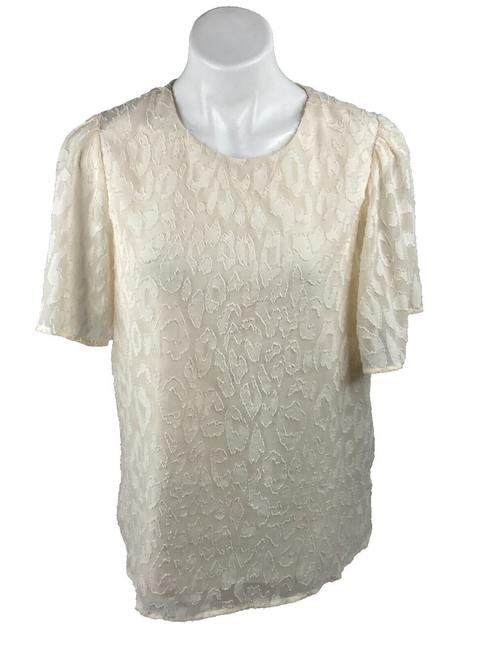Women Medium Ivory Cheetah Texture Blouse Sheer Lined Top NWT